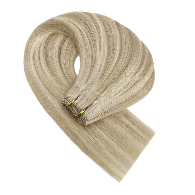 YoungSee Human Hair Sew in Extensions Blonde Highlights Sew in Hair Extensions Real Human Hair Warm Ash Blond Highlights Bleach Blonde Hand Tied Weft Hair Extensions Human Hair 100G 24Inch