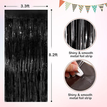 Black Metallic Tinsel Foil Fringe Curtains, 2 Pack 3.3x8.3 Feet Party Streamer - Image 2