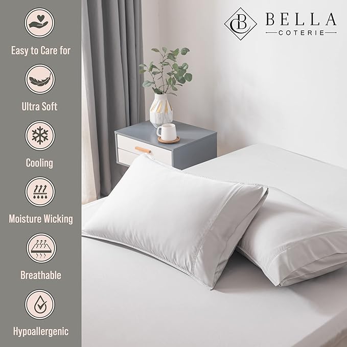 Bella Coterie | Luxury Bamboo Viscose Queen Size Pillowcase Set | 100% Organically Grown | Ultra Soft | Cooling | 2 Pcs [Grey Mist]