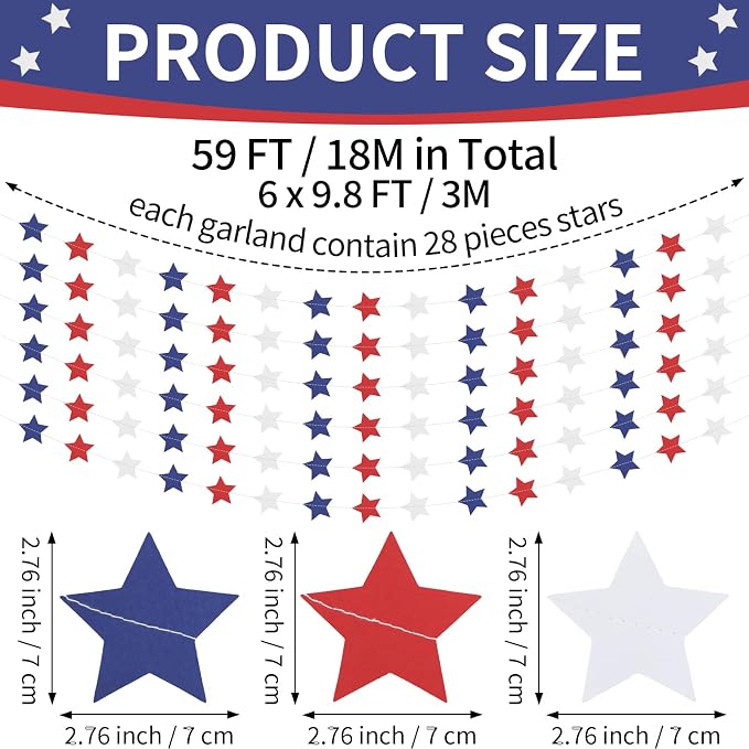 Patriotic Star Garland Red White and Blue Banner Streamers - 59 FT 6 Strands - - Image 2