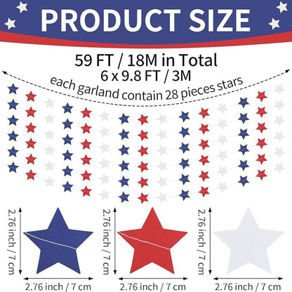 Patriotic Star Garland Red White and Blue Banner Streamers - 59 FT 6 Strands - - Image 2