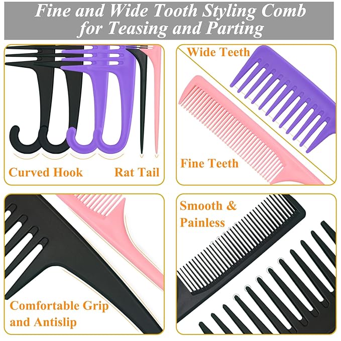6PCS Large Wide Tooth Comb Rat Tail Comb Set, Shower Combs for Wet or Dry Hair, Premium Hair Brush Combs Detangle Curls, Detangler Comb for Detangling Wigs, Styling Curly Parting Kit for Men and Women