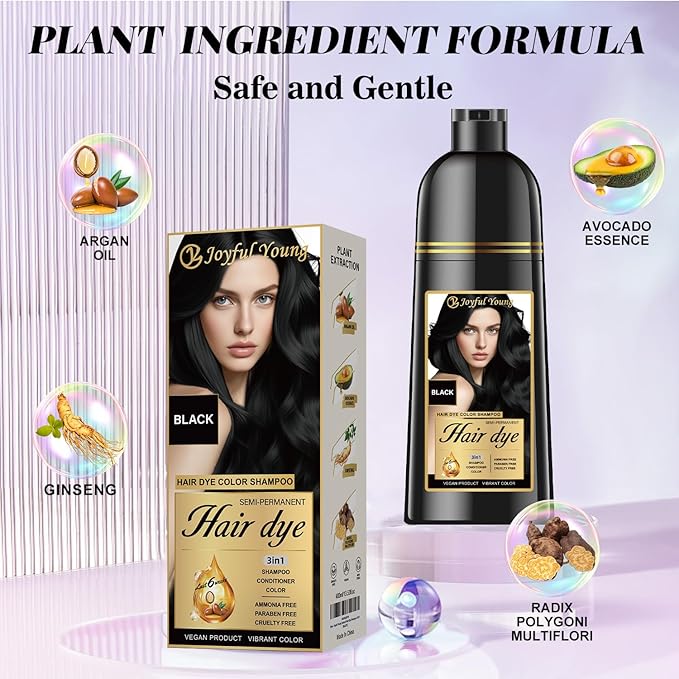 Herbal Hair Dye Shampoo 3-in-1 Vegan Color for Gray Hair - Ammonia-Free for Men & Women – Beard & Hair Coloring – Instant Gray Coverage Champú Para Canas Mujer & Hombre (BLACK)