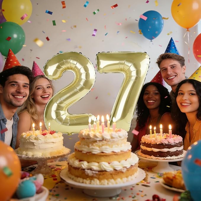 40 Inch Number 27 Balloons for 27th Birthday Party Decorations, 0-100 Champagne - Image 2