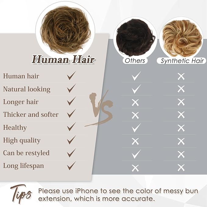 RUWISS Large Messy Bun Hair Piece 100% Human Hair Layered Wavy Curly Hair Buns Hair Piece for Women Thick Updo Hairpiece for Daily Wear Real Hair Ponytail Extension (Dark Brown with Golden Blonde)