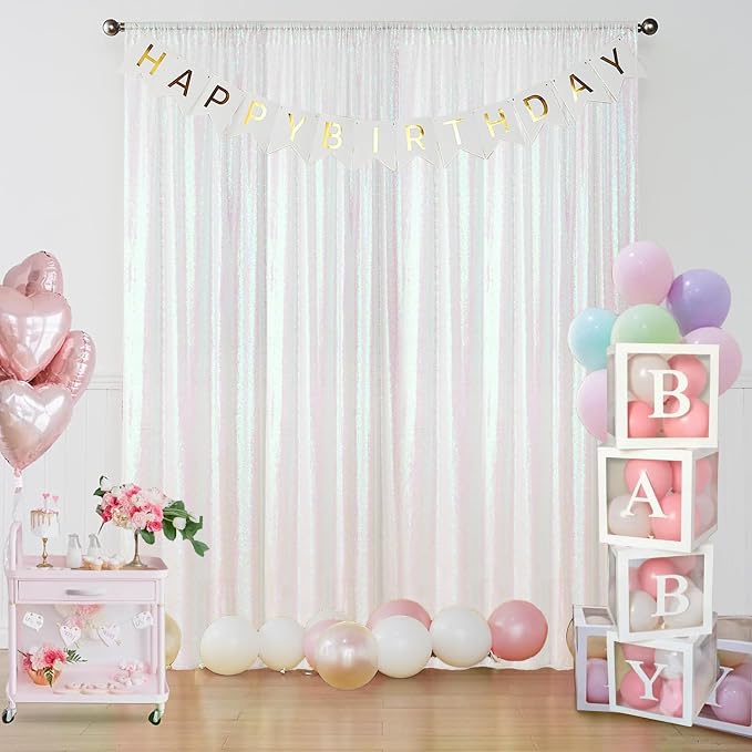 Sugargirl White Iridescent Sequin Backdrop Curtain 4FTx8FT Glitter White - Image 3