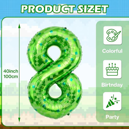 40 Inch Giant Green Pixel Miner Theme Number Balloons 40 Inch Foil Party - Image 2