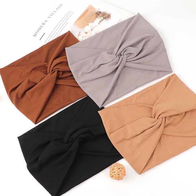 DRESHOW 4 Pack Turban Headbands for Women Wide Vintage Head Wraps Knotted Cute Hair Band Accessories