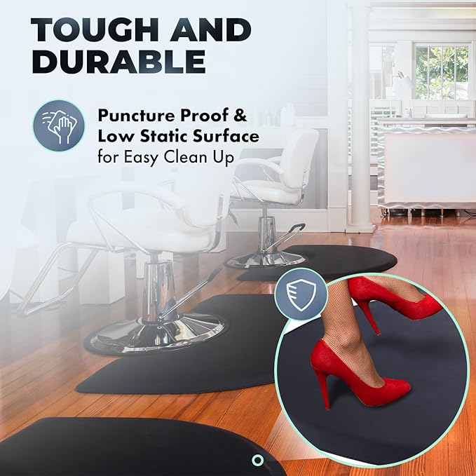 Buy-Rite 3' x 4' Extra-Thick 1" No-Fatigue Salon Floor Pad for Professional Salons & Barbershops, Super Soft Semicircle with Chair Indentation, Puncture-Proof, Anti-Fatigue Design, Black, SHP-SS3040C1