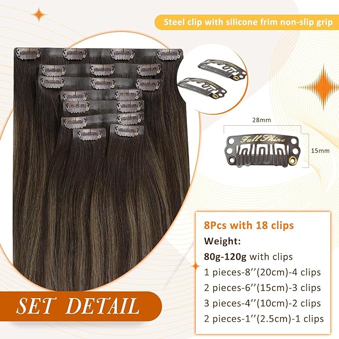 Full Shine Balayage Clip in Hair Extensions Dark Brown to Light Brown with Caramel Blonde Remy Human Hair with PU Weft Thick Ends 16 Inch 8 PCS 120 Grams