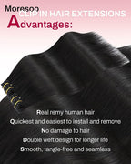 Moresoo Clip in Hair Extensions Natural Black Remy Straight Invisible Lace Double Weft Clip in Human Hair Extensions Natural Black #1b 5pcs 80g 18inch