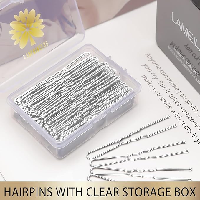 100PCS 2.4Inch U Shaped Hair Pins,Brown Bobby Pins for All Hair Types,Hair Pins for Women,Pain-Free U Pins for Buns With Box（Silver）