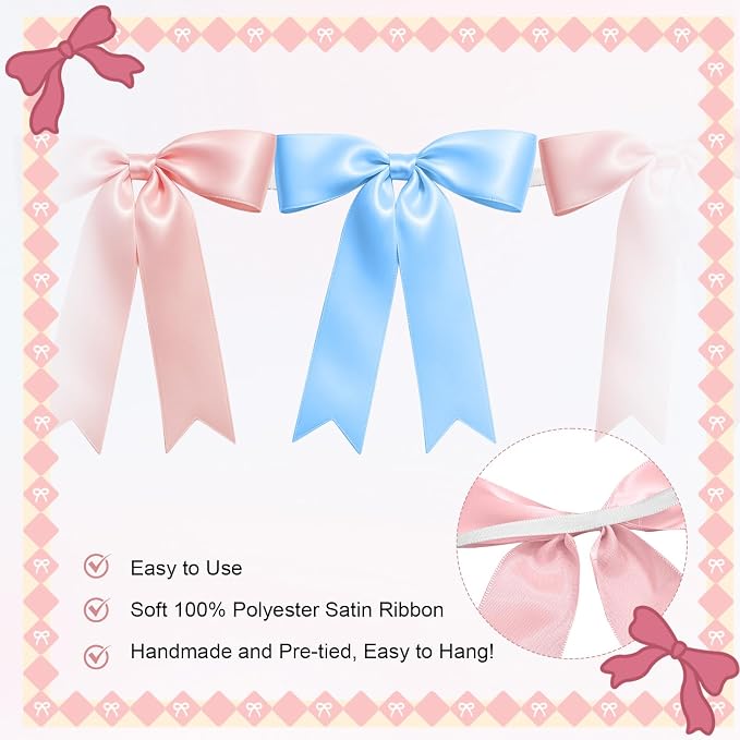 1 String of 8PCS Baby Pink&Baby Blue Bow Garland Banner Decoration, Pre-Strung - Image 3
