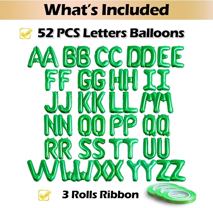 16 Inch 52Pcs Green Letter Balloons Shiny A-Z Foil Balloon Letters | Reusable - Image 3