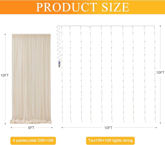Tulle Backdrop Curtain with Lights Sheer Champagne Curtain Backdrop 20x10ft | - Image 2