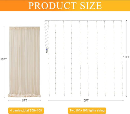 Tulle Backdrop Curtain with Lights Sheer Champagne Curtain Backdrop 20x10ft | - Image 2