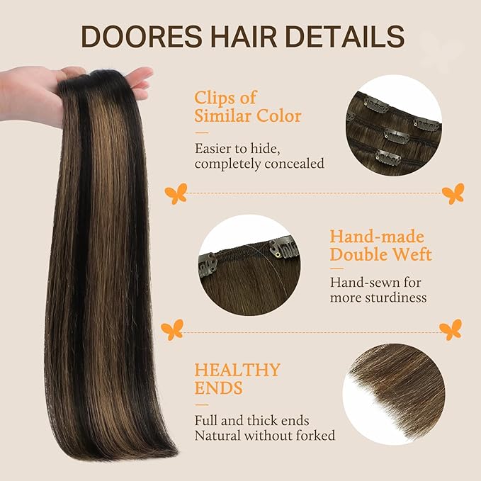 DOORES Hair Extensions Clip in Human Hair, Balayage Natural Black to Chestnut Brown 22 Inch 150g 9pcs, Human Hair Extensions Clip ins Remy Hair Extensions Clip in Human Hair Silky Straight Hair