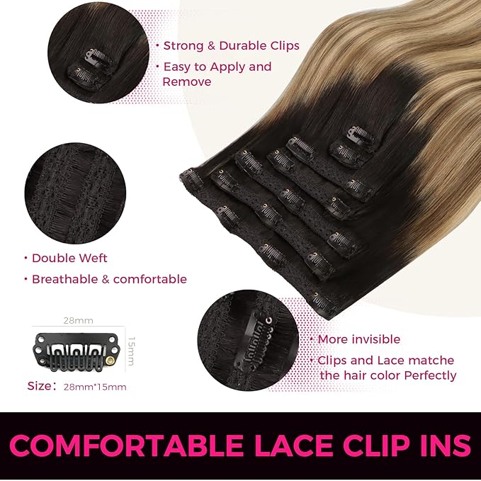 Lashey Clip ins Hair Extensions Real Human Hair 20 Inch Long Straight 120g 7pcs Balayage Ash Brown to Honey Blonde with Brown Root Real Human Hair Clip in Extensions