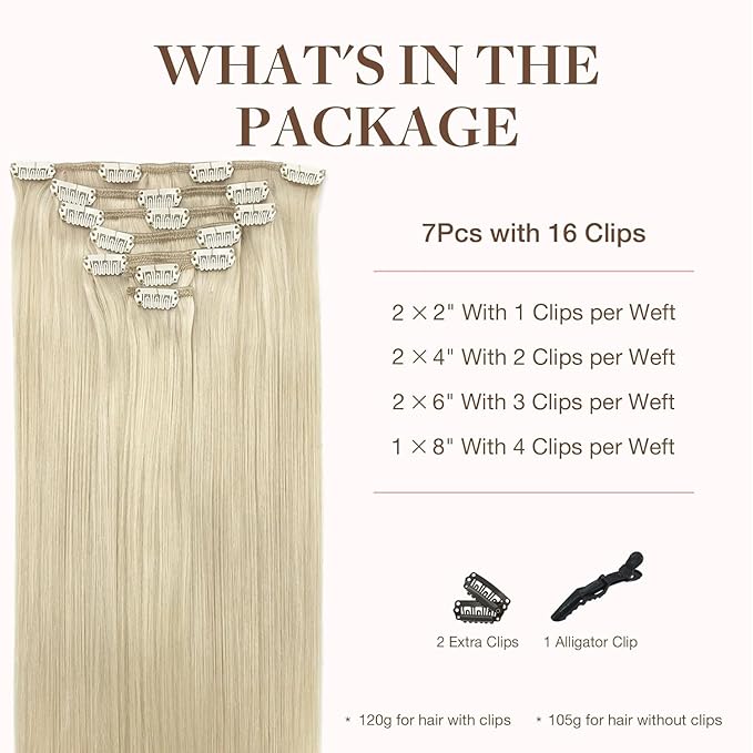 GOO GOO Clip in Hair Extensions Real Human Hair, Remy Human Hair Extensions Clip ins for Women, Natural Human Hair, 16inch 120g 7Pcs, 60A Platinum Blonde