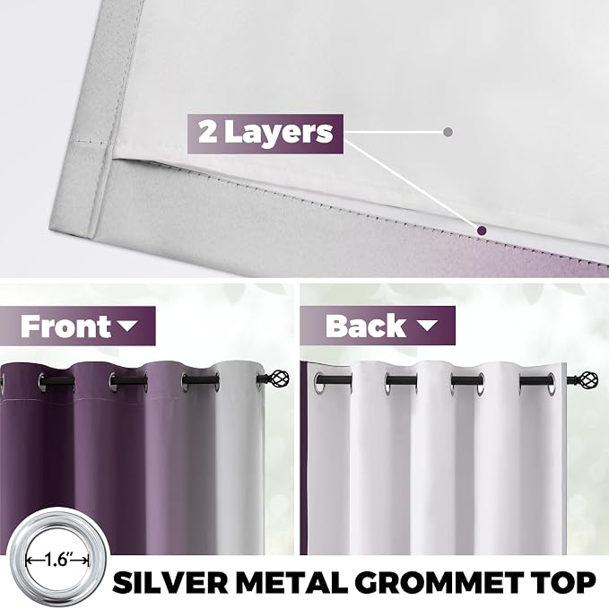 Yakamok 100% Blackout Curtains Ombre Purple Curtains - Image 3