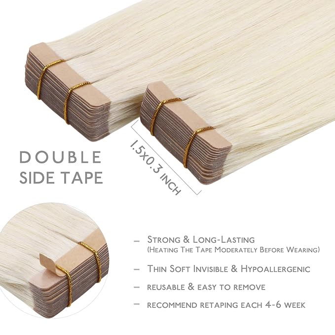 WENNALIFE Tape in Hair Extensions Human Hair, 20pcs 40g 12 inch White Blonde Remy Hair Extensions Straight Human Hair Tape in Extensions Skin Weft Tape Extensions Human Hair