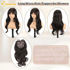 QUEENTAS 22" Curly Hair Topper for Women with Thinning Hair Daily Wear 360°3D Cover Up 6.5"*6" Fluffy Brown Wavy Hair Pieces with Bangs(Dark Brown)