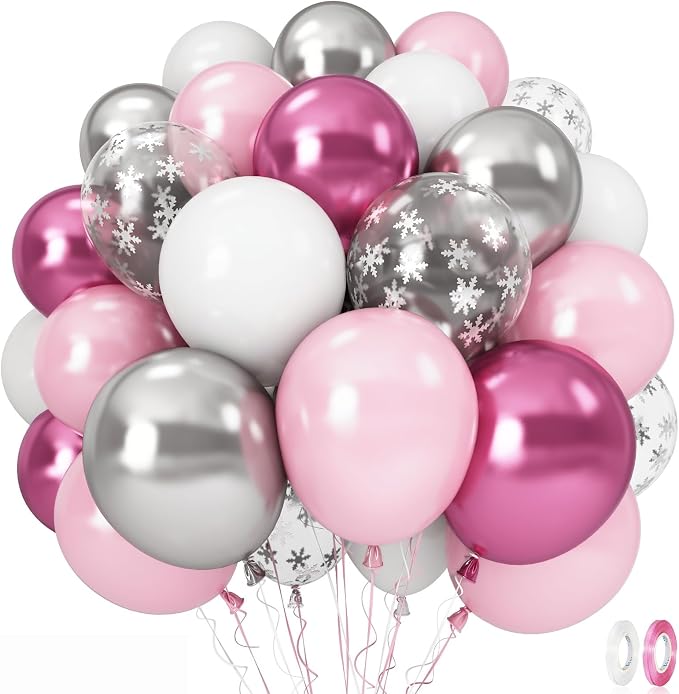 Pink Winter Wonderland Balloons, Metallic pink Silver and Snow Balloon by Govpy