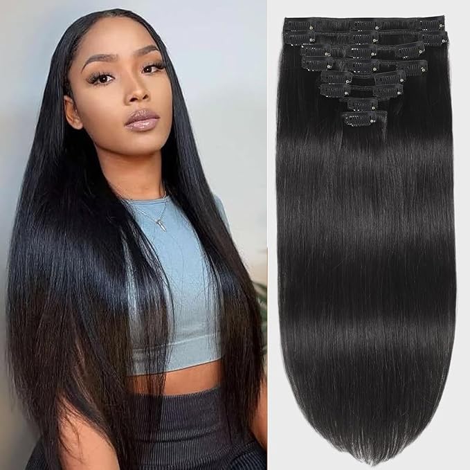 Straight Clip in Hair Extensions Real Human Hair 110g Brazilian Human Hair Clip ins, Soft Natural Clip in Extensions 8pcs Double Weft Clip on Hair Extensions for women 16Inch