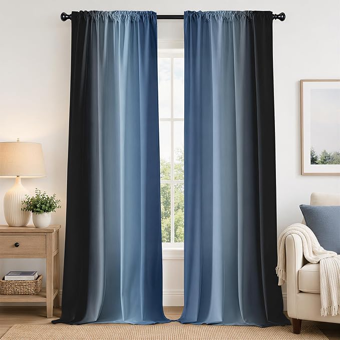 Navy Blue and Black Curtains for Living Room 84 Inch Length Ombre Curtains 2 by XFLINGBAO
