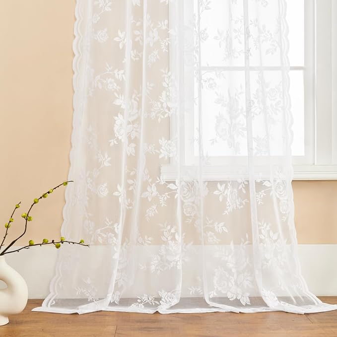 SEEKRIGHT Sheer Lace Curtains 96 Inches Long 2 Panels Victorian White Floral - Image 5