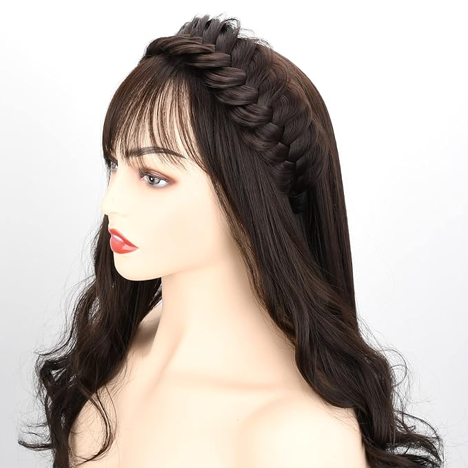 DIGUAN Wide Messy Braided Headband With Teeth Synthetic Hair Plaited Headband High Elasticity Braids Chunky Fishtail Braided Hair Band Hairpiece for Girls Women Beauty Accessory (Burgundy)