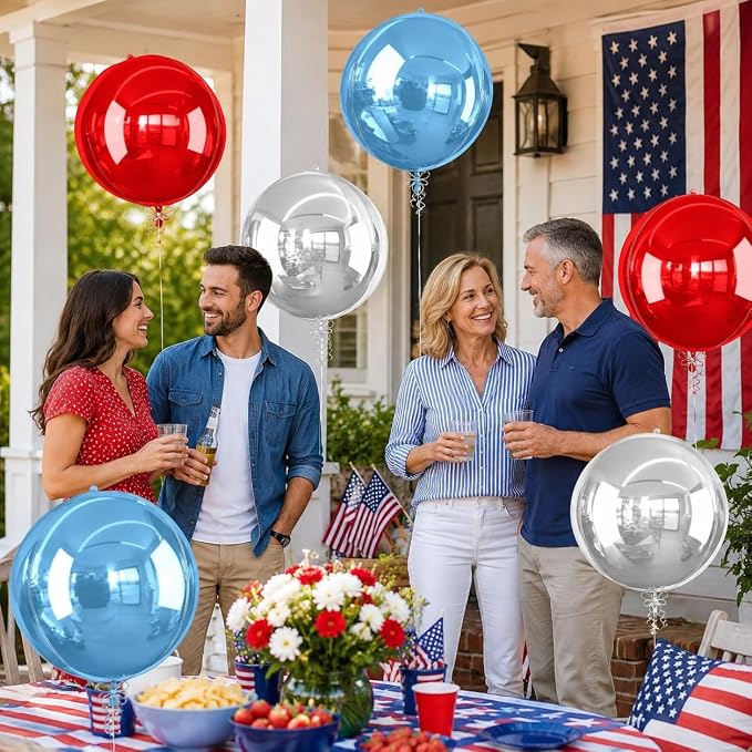 6Pcs Red Blue Silver Round Foil Balloons, 22inch 4D Metallic Balloons, Large - Image 3