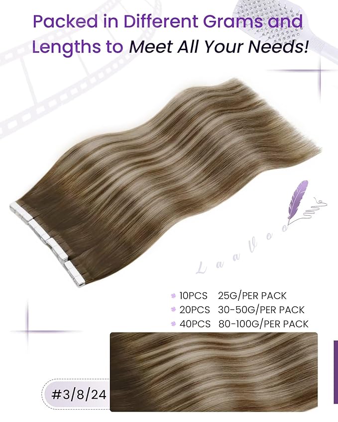 LaaVoo Tape in Human Hair Extensions Ombre Hair Extensions Tape in Balayage Brown to Blonde with Light Brown Tape on Extension Silky Straight Hair 18 Inch 40pcs 100g