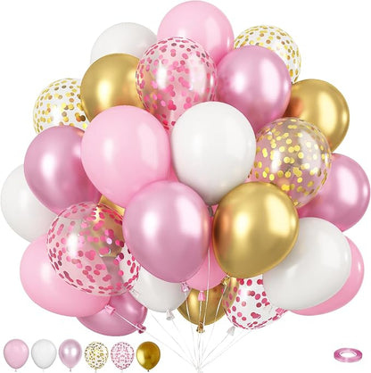 Pink and Gold Balloons, 12 Inch Pink White Metallic Chrome Gold Confetti Pink by BIAPIAN