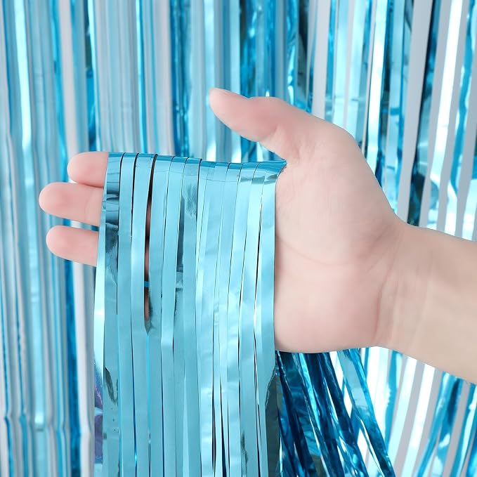Voircoloria Light Blue Foil Fringe Backdrop Curtains, 3 Pack | Tinsel Streamers - Image 2