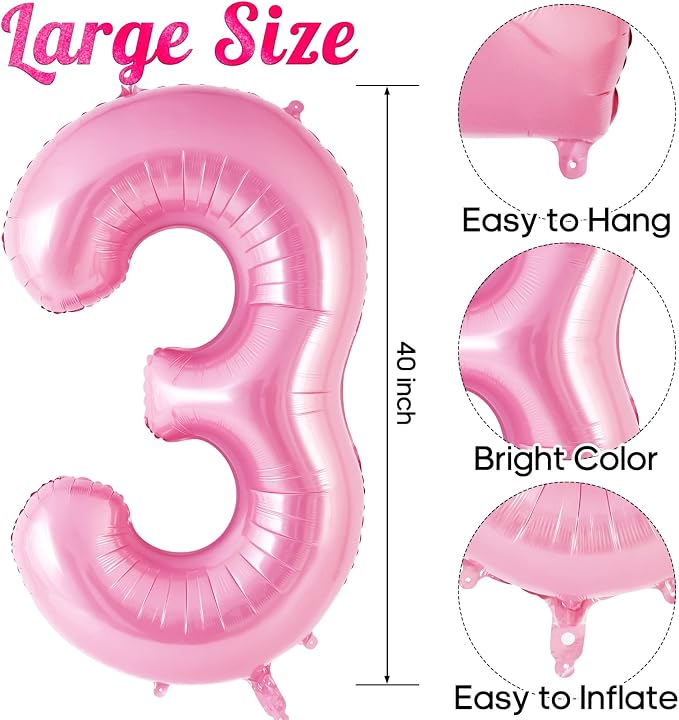 Pink Number 3 Balloon 40 inch, Big Large Foil Helium Number Balloons, Jumbo - Image 4