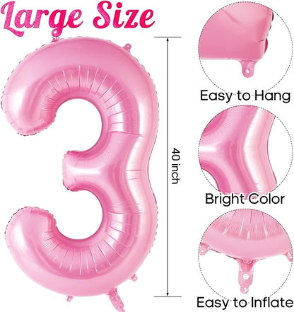Pink Number 3 Balloon 40 inch, Big Large Foil Helium Number Balloons, Jumbo - Image 4