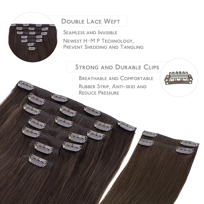 Wennalife Clip in Human Hair Extensions, 14 Inch 150g 9pcs Extensions Real Hair, Light Dark Brown Remy Ins Double Weft, #2A