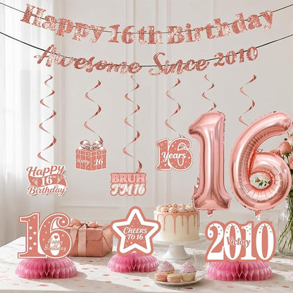 16th Birthday Decorations For Girls, Pre-Strung Rose Gold Happy 16th Birthday & - Image 4