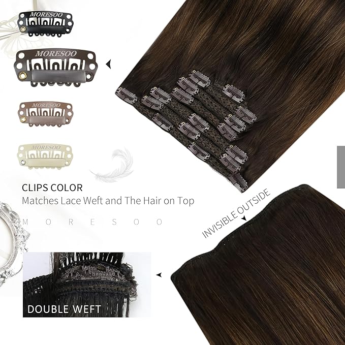 Moresoo Real Hair Extensions Clip in Human Hair Balayage Brown Long Clip in Human Hair Extensions Dark Brown Mixed with Chestnut Brown Ombre 7pcs 120G 24Inch