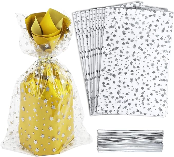 100 Pcs Star Printed 6"X 10" Gift Wrap Cello Cellophane Treat Bags Party Favor by COQOFA