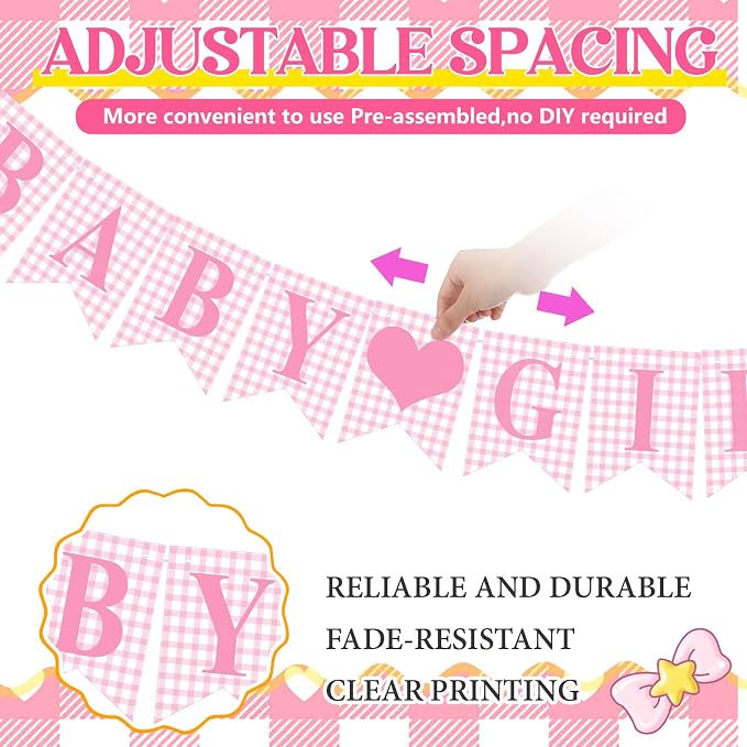 Hahafelt 1 Pcs Pink Gingham Welcome Baby Girl Banner - Image 4