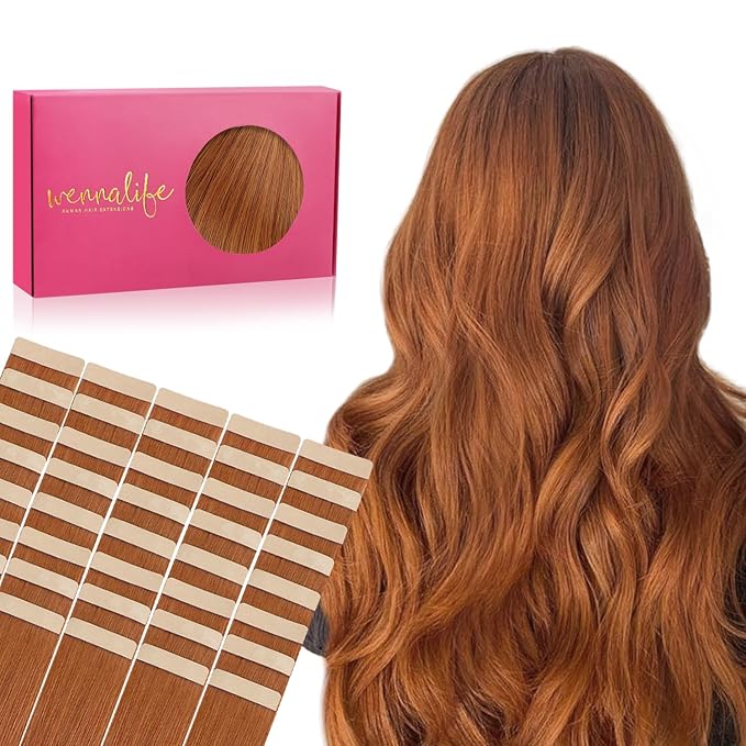 WENNALIFE Tape in Hair Extensions, 40pcs 120g 26 Inch Dirty Ginger Human Hair, Straight Invisible Reusable Real Extensions