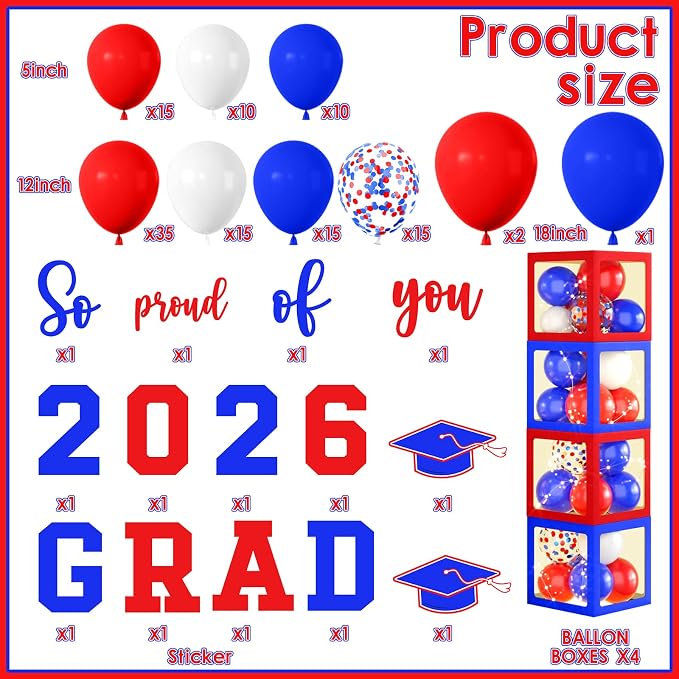 2026 Graduation Decorations Red and Blue Class of 2026 Balloon Boxes - Image 4