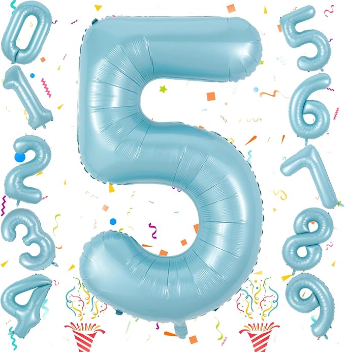 40 Inch Pastel Blue Number Balloons, Giant Self Inflating Foil 5th Birthday - Image 8