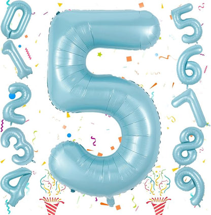 40 Inch Pastel Blue Number Balloons, Giant Self Inflating Foil 5th Birthday - Image 8