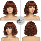 Short Auburn Wigs for Women Dark Ginger Wig with Bangs Wigs Natural Looking Curly Hair Medium Length Synthetic Bob Wig Wavy Colorful Wigs（14 Inches）