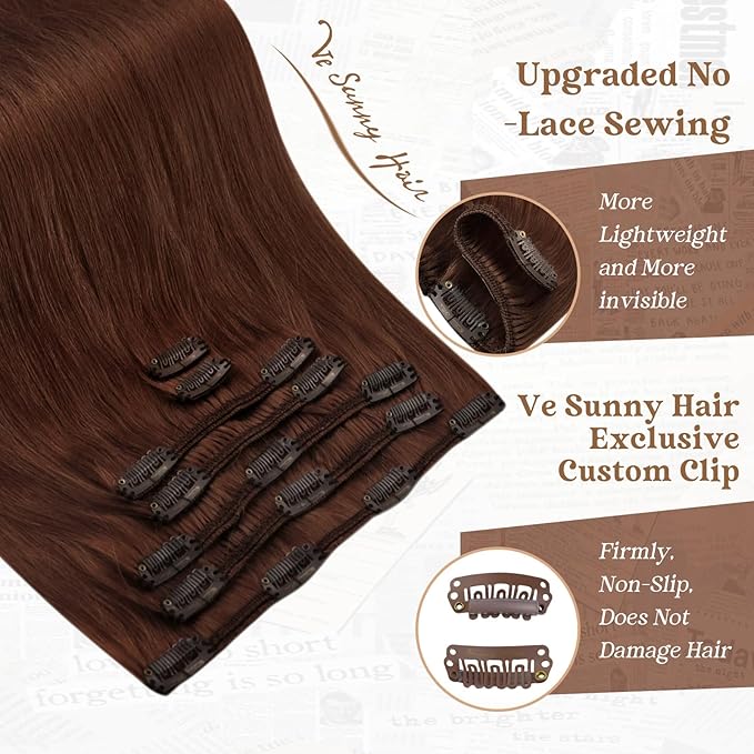Ve Sunny Human Hair Clip in Extensions Double Weft Dark Auburn Red Remy Hair Extensions for Women Thick Hair Extensions Clip ins Short 7pcs 100g 14 inch
