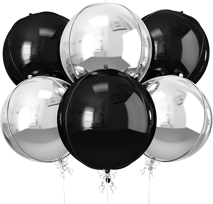 6Pcs Black Silver Round Foil Balloons, 22inch 4D Metallic Silver Black Balloons by vibzox