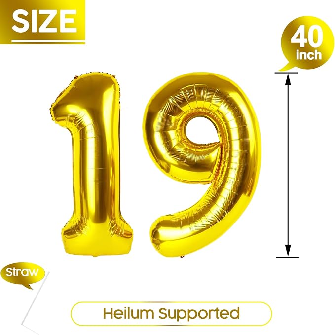 19 Balloon - Gold Birthday Number Balloons, 40 Inch Decorations Men Women | - Image 5